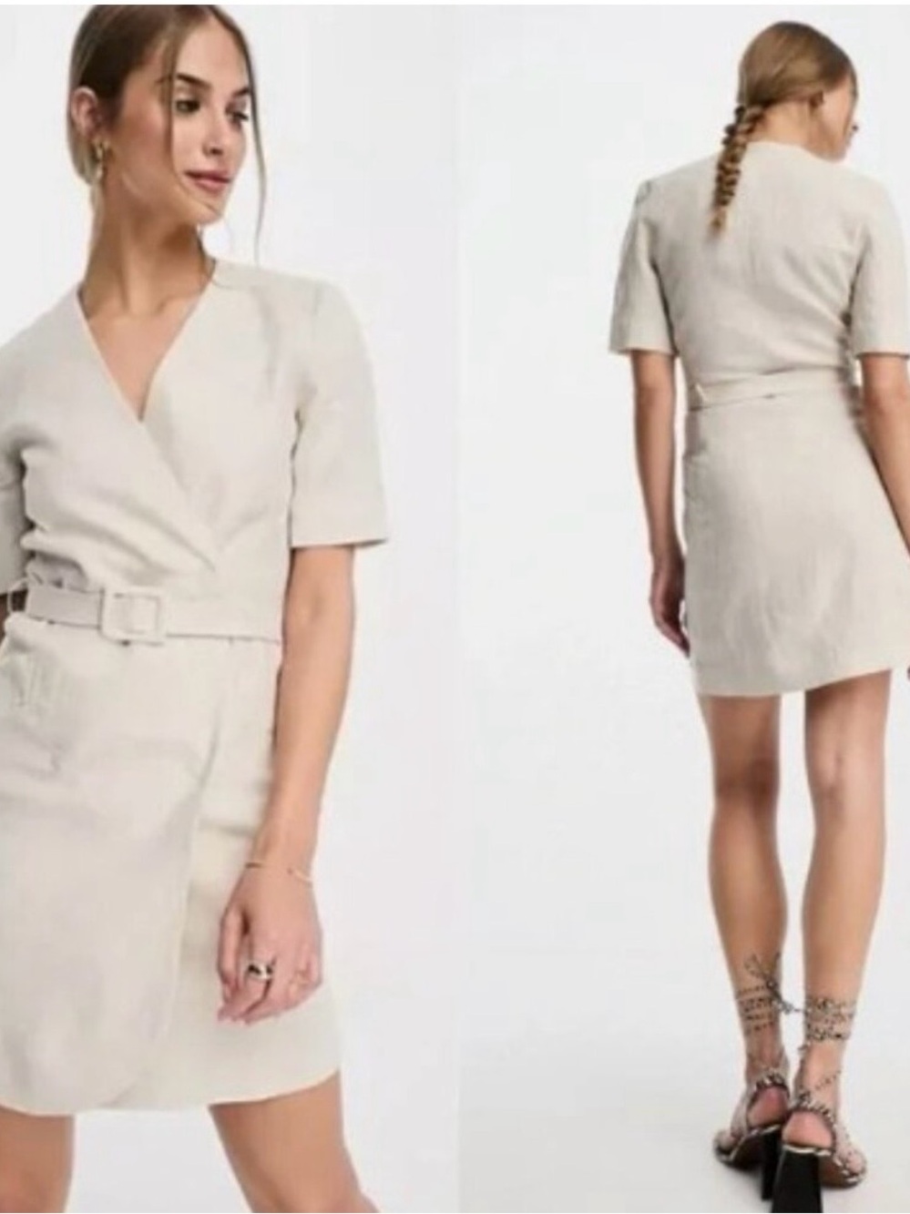 & Other Stories Beige Linen Wrap Dress with Belt